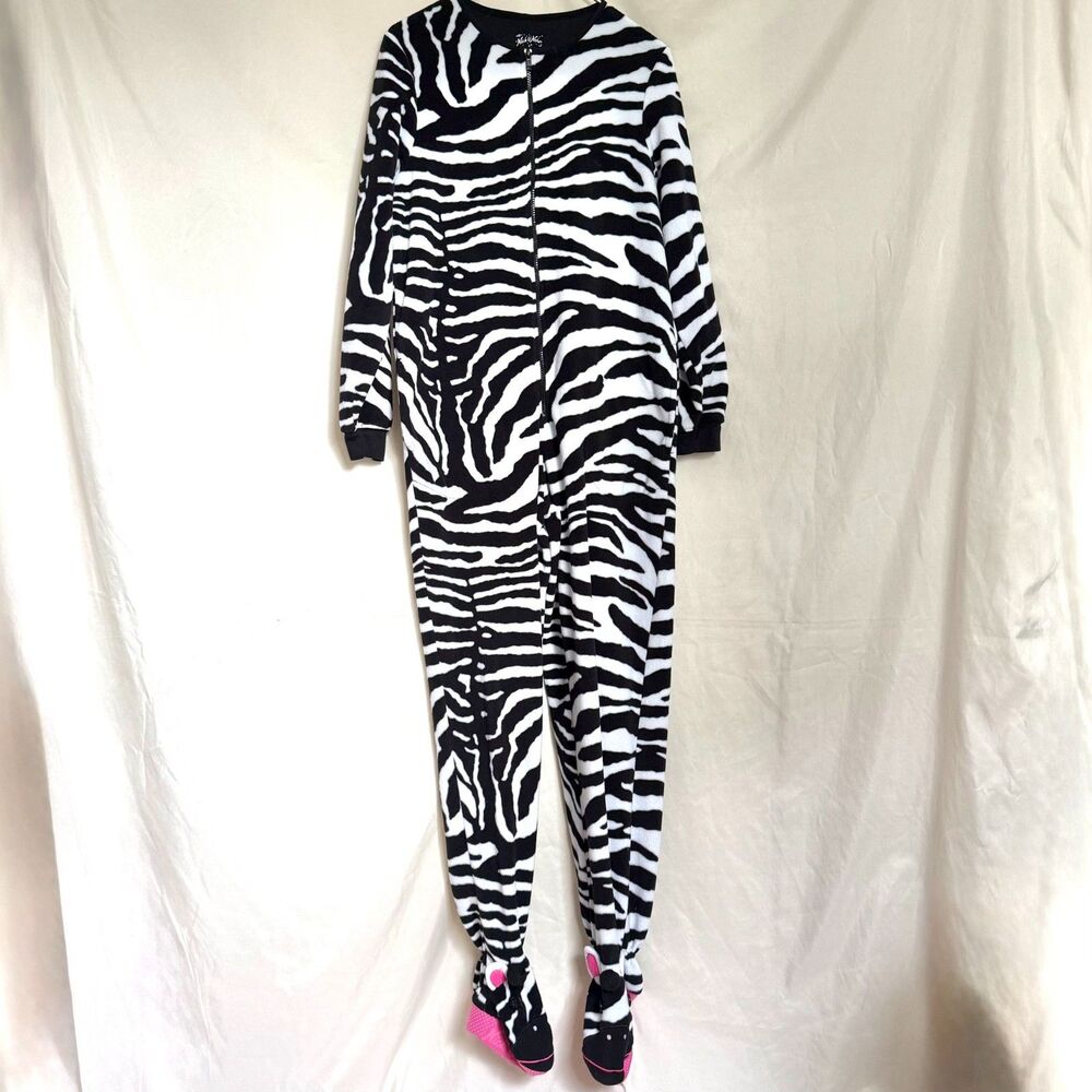 Nick & Nora zebra print footed one piece pajamas womens S fleece costume